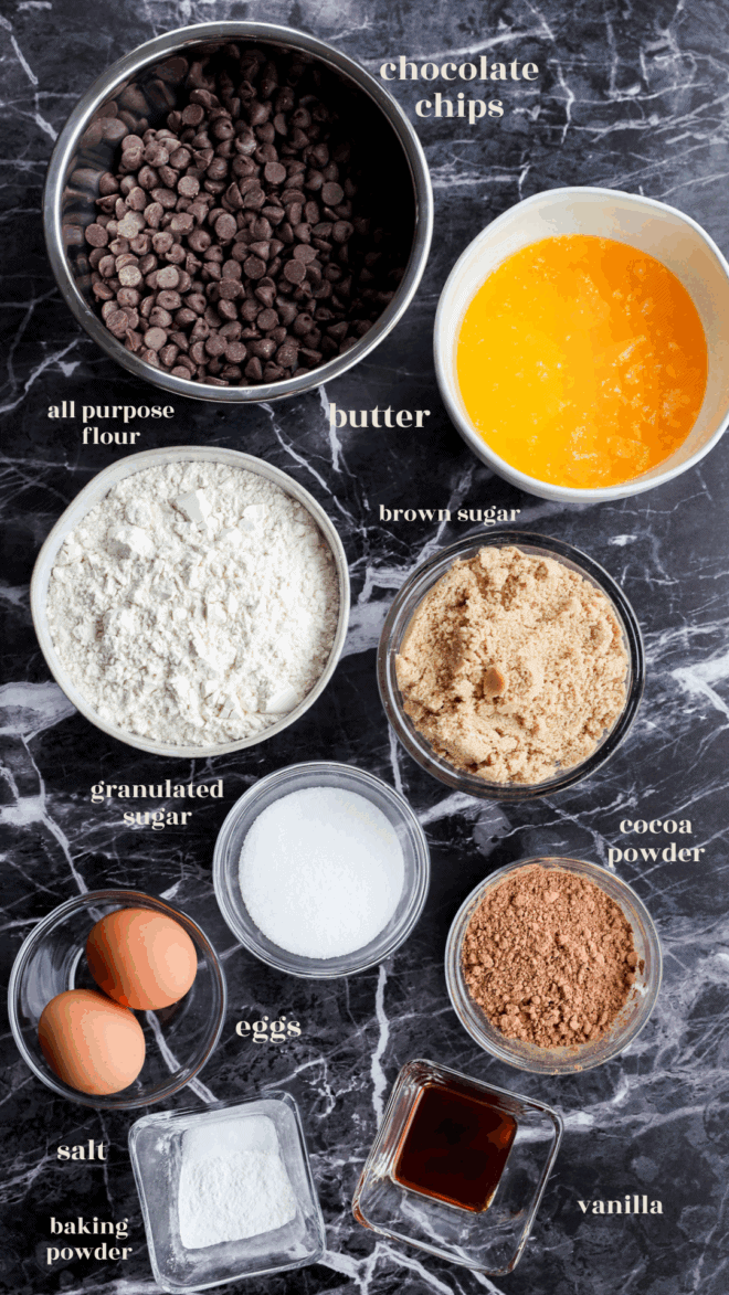 ingredients for chocolate chocolate chip cookie bars in bowls with text labels