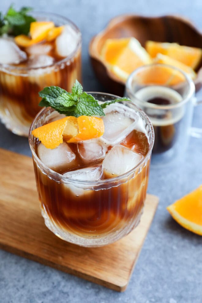 refreshing ice coffee drink made with bubbly water and mint