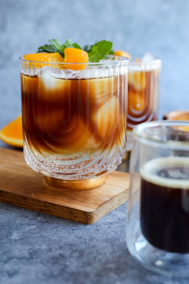 espresso tonic in glass with ice and bubbles