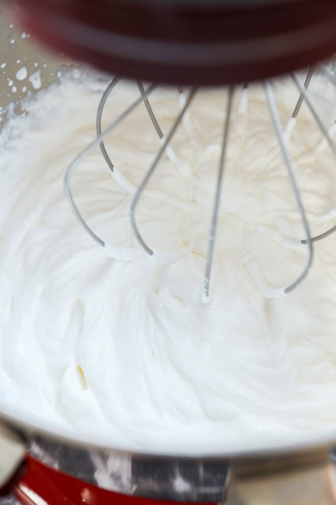whipped cream in a stand mixer with whisk attachment