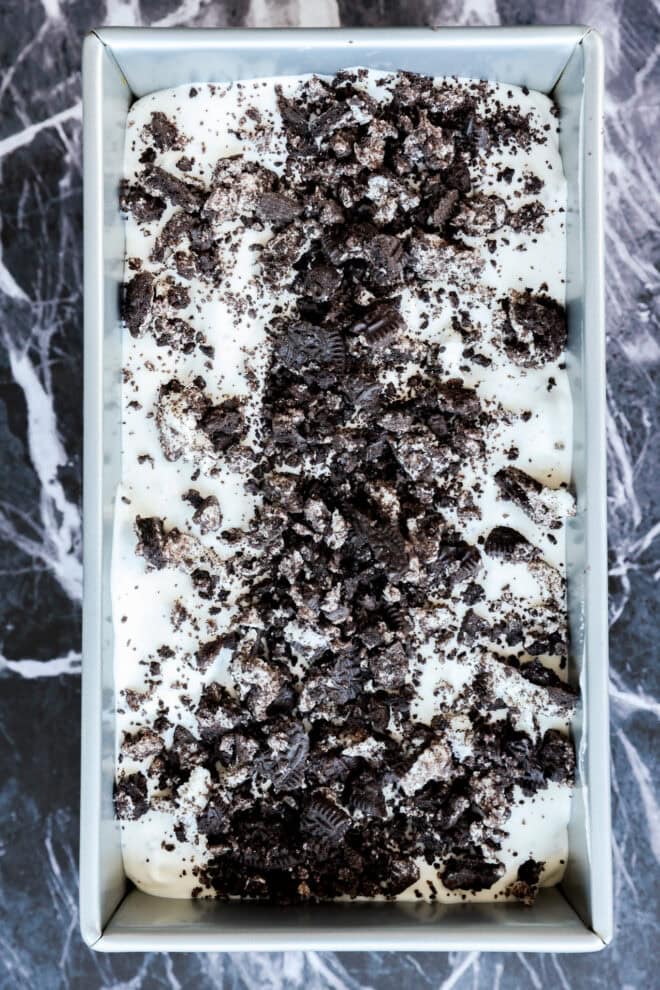 Oreo ice cream in loaf pan before freezing