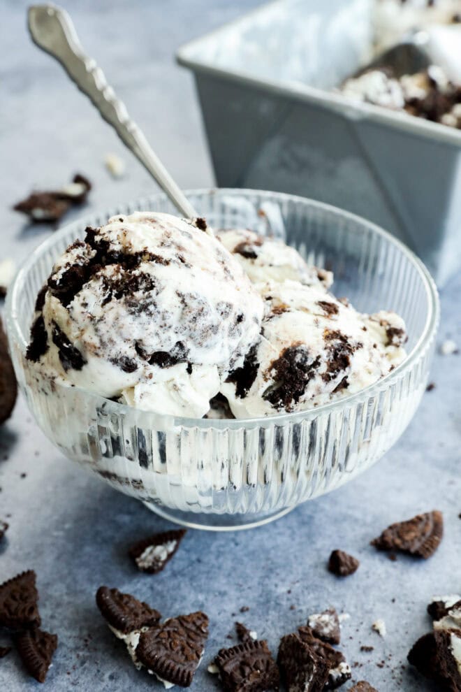 Bowl of cookies and cream frozen dessert with spoon and three scoops