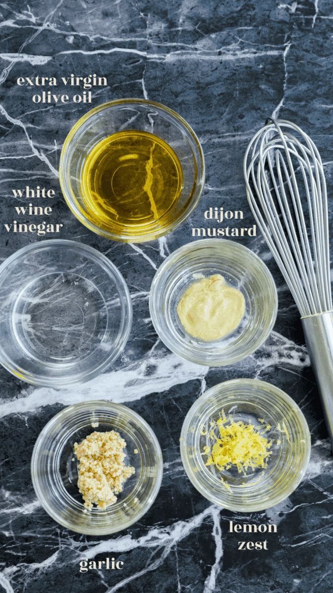 easy 5 ingredient dressing ingredients in bowls with text labels