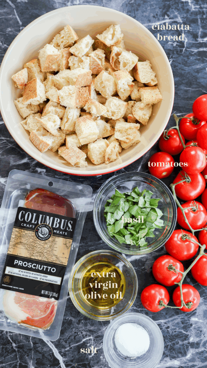 Panzanella Toscana ingredients in bowls with text labels