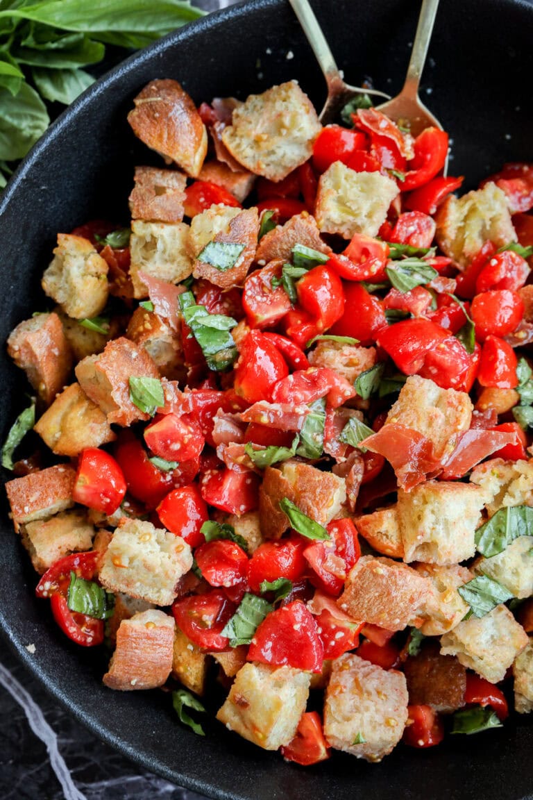 Bread tomato and basil healthy recipe in large bowl
