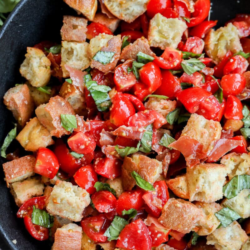 Bread tomato and basil healthy recipe in large bowl
