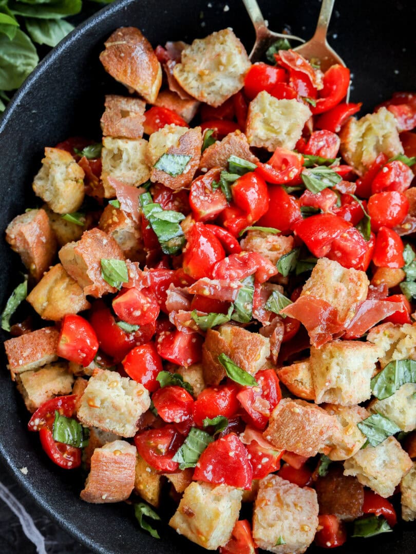 Bread tomato and basil healthy recipe in large bowl