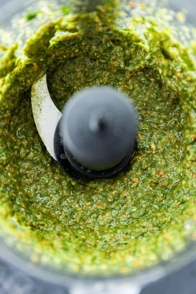 Pistachio pesto blended in food processor