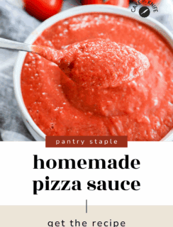 A spoon holds thick, chunky red Best Pizza Sauce above a white bowl, with fresh tomatoes in the background. Text reads “homemade pizza sauce” and “get the recipe.”.