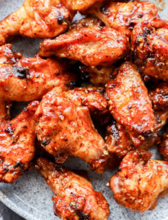 bbq poultry appetizer on grey platter