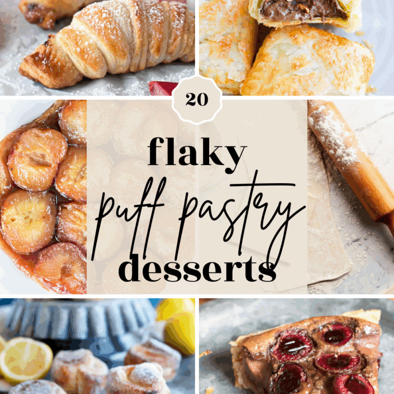 A collage of various flaky puff pastry dessert recipes, including croissants, turnovers, fruit tarts, cinnamon rolls, and a cherry-topped tart, with the text 20 flaky puff pastry desserts in the center.