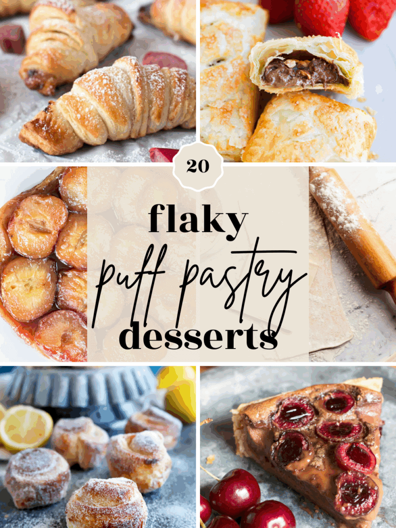 A collage of various flaky puff pastry dessert recipes, including croissants, turnovers, fruit tarts, cinnamon rolls, and a cherry-topped tart, with the text 20 flaky puff pastry desserts in the center.