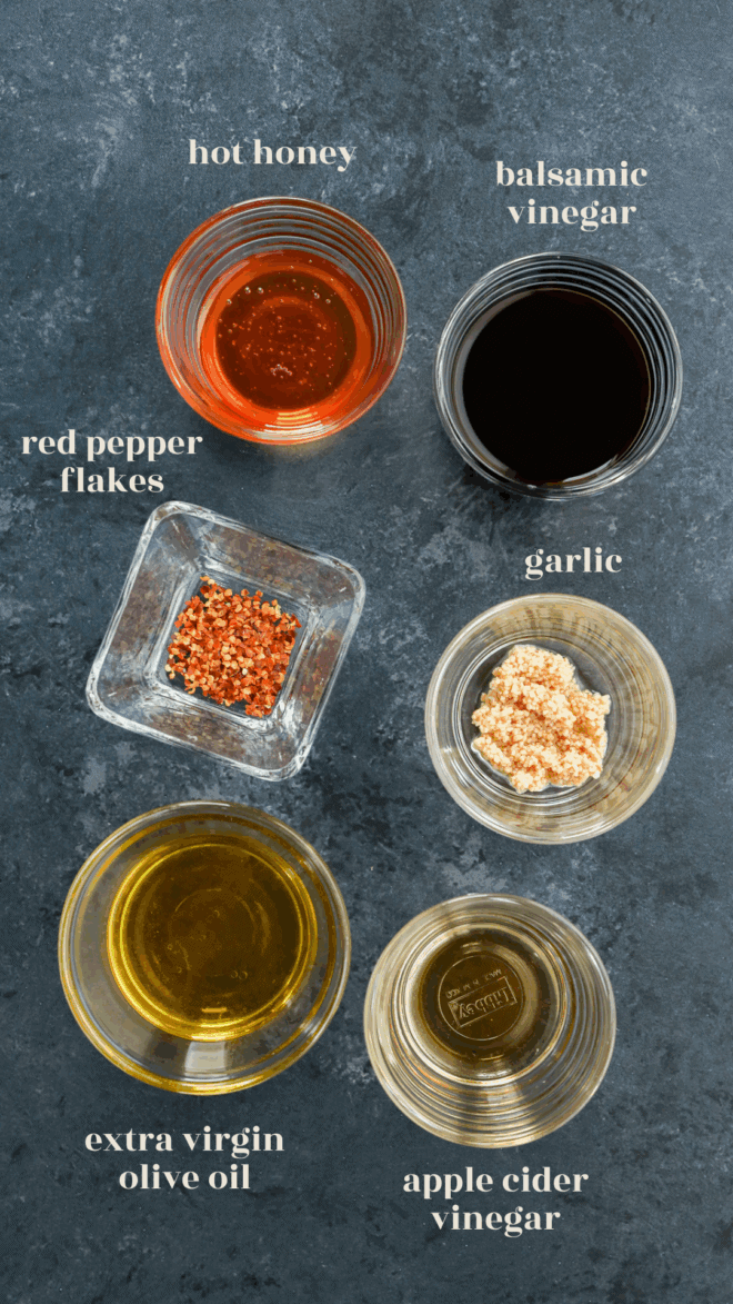 hot honey vinaigrette ingredients in bowls with text labels