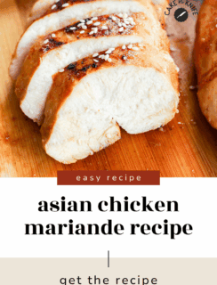 Sliced, cooked chicken breast with sesame seeds on a wooden board—try this easy Asian Chicken Marinade recipe for a delicious twist. Get the recipe!