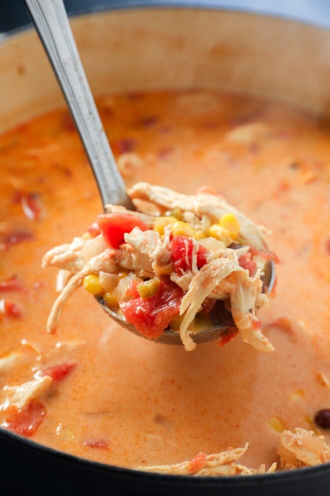 A close-up of a ladle lifting a serving of Creamy Chicken Tortilla Soup with shredded chicken, tomatoes, corn, and beans from a pot.
