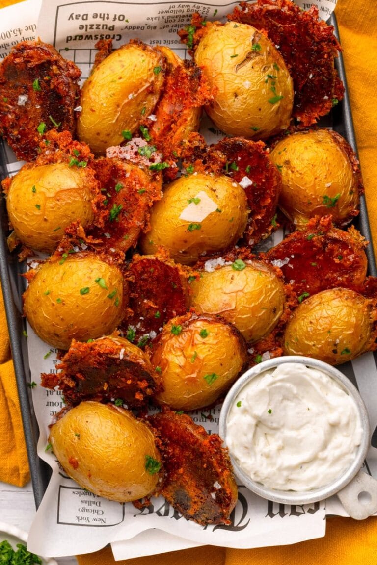 A tray of crispy smashed potatoes garnished with herbs, served with a bowl of creamy dipping sauce on the side, atop newspaper-style parchment.