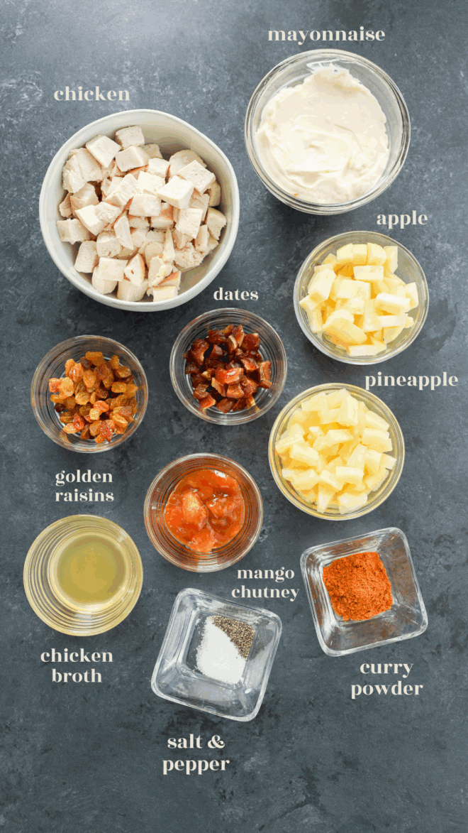Overhead view of small bowls containing all the ingredients for curried chicken salad—cubed chicken, mayonnaise, diced apple, pineapple, chopped dates, golden raisins, mango chutney, curry powder, broth, and seasonings—all labeled on a dark surface.