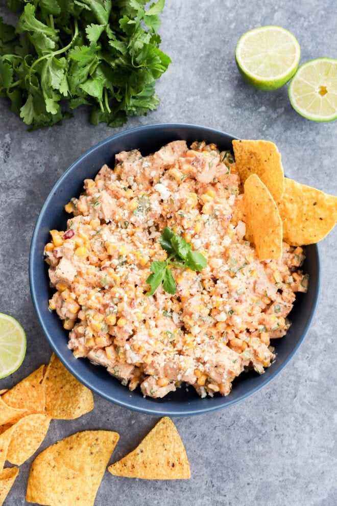 A blue bowl filled with a creamy Mexican chicken salad, garnished with cilantro and crumbled cheese, surrounded by tortilla chips. Fresh lime halves and cilantro are placed nearby on a gray surface.
