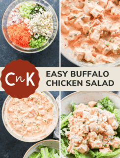 Four images show the process of making buffalo chicken salad: ingredients in a bowl, the mixed salad, another mixing step, and the finished salad on lettuce. Text reads “Easy Buffalo Chicken Salad” and “cakemakknife.com”.