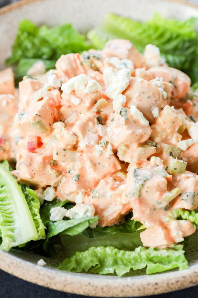 A close-up of a creamy buffalo chicken salad with chopped celery and herbs, garnished with crumbled blue cheese, served on a bed of fresh romaine lettuce leaves in a shallow bowl.