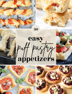 A collage of six puff pastry appetizers—cheese twists, stuffed squares, savory pinwheels, tomato tartlets, herbed bites, and sausage-filled pastries. Center text reads: 30 easy puff pastry appetizers.