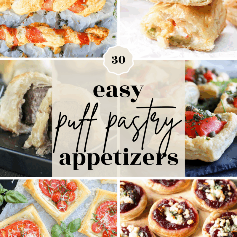 A collage of six puff pastry appetizers—cheese twists, stuffed squares, savory pinwheels, tomato tartlets, herbed bites, and sausage-filled pastries. Center text reads: 30 easy puff pastry appetizers.