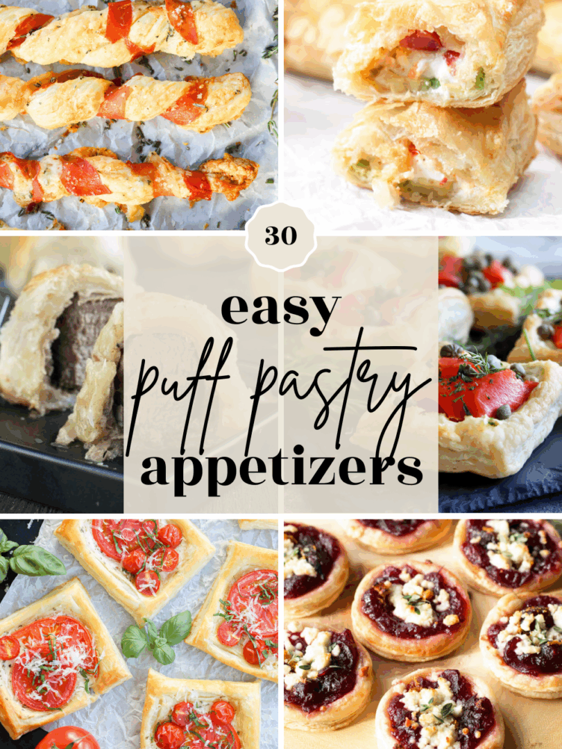 A collage of six puff pastry appetizers—cheese twists, stuffed squares, savory pinwheels, tomato tartlets, herbed bites, and sausage-filled pastries. Center text reads: 30 easy puff pastry appetizers.