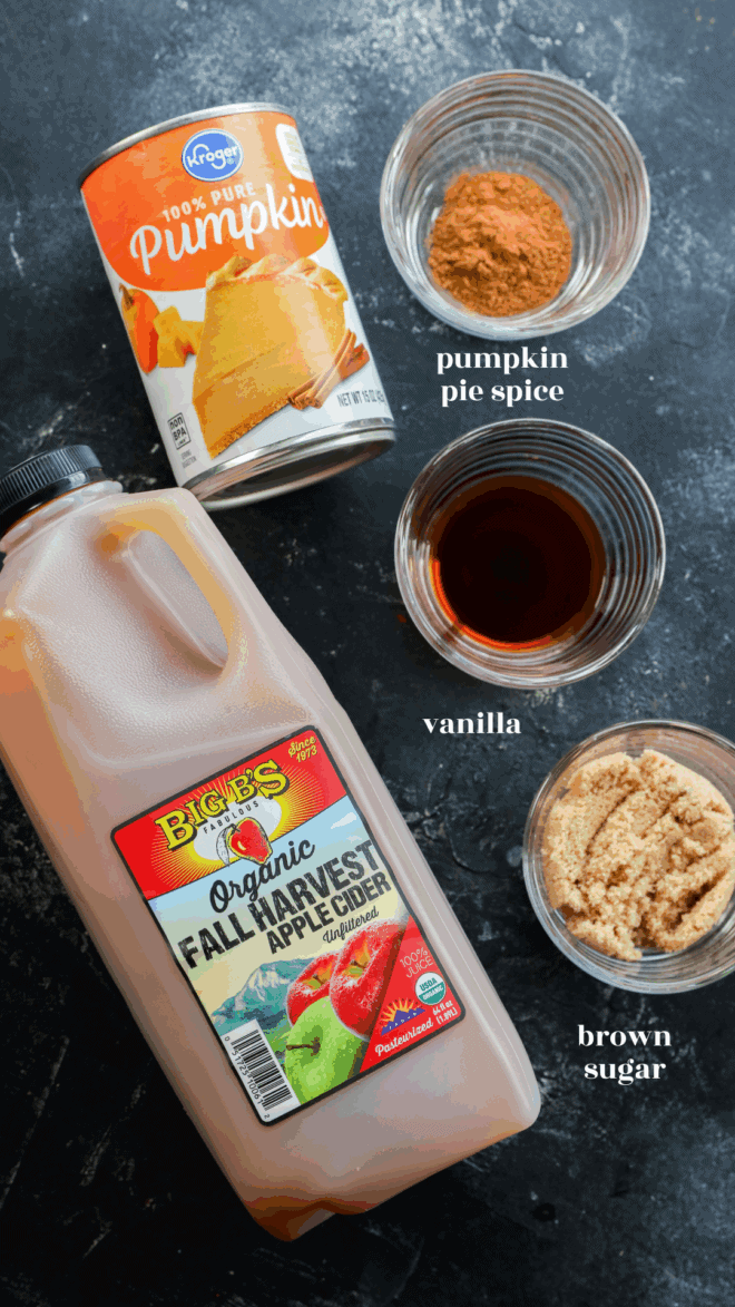 A bottle of organic apple cider, a can of pumpkin puree, and small bowls labeled with pumpkin pie spice, vanilla, and brown sugar are arranged on a dark surface—perfect ingredients for homemade pumpkin juice.