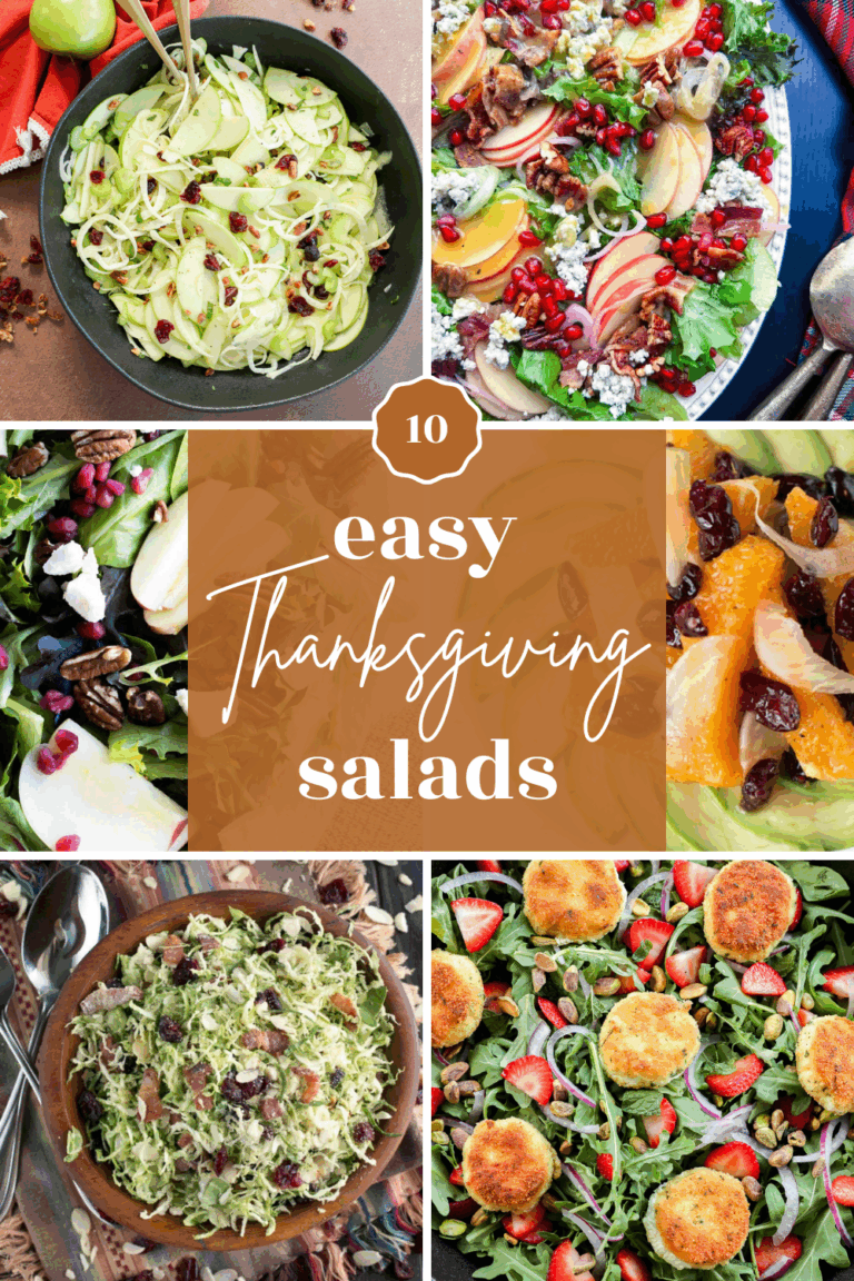 A collage of six colorful salads featuring various greens, fruits, nuts, and cheeses, with a center banner that reads 10 easy Thanksgiving salads in white script on an orange background.