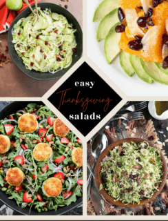A collage of four Thanksgiving salads, including avocado with fruit, Brussels sprout slaw, greens with fried goat cheese and strawberries, and a cabbage salad. Center text reads Easy Thanksgiving salads with cakenknife.com at the bottom.