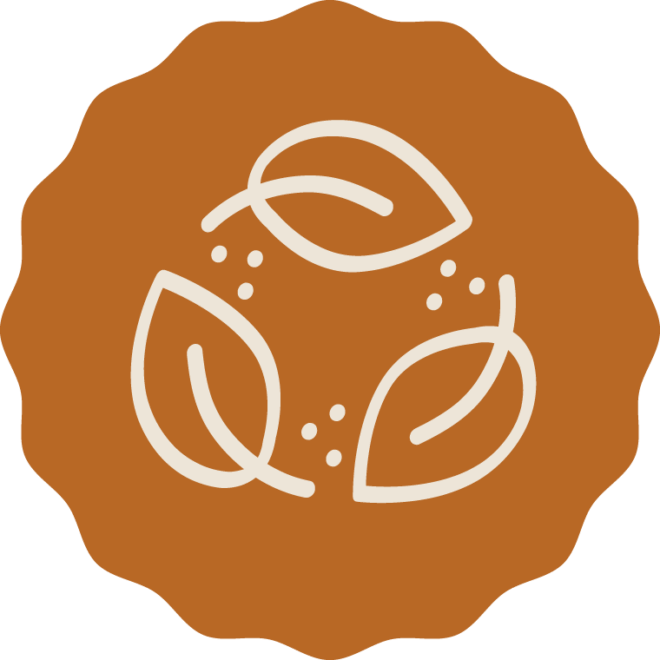 A brown circular badge with three simple, outlined leaves arranged in a circular pattern, suggesting themes of nature, recycling, or sustainability.