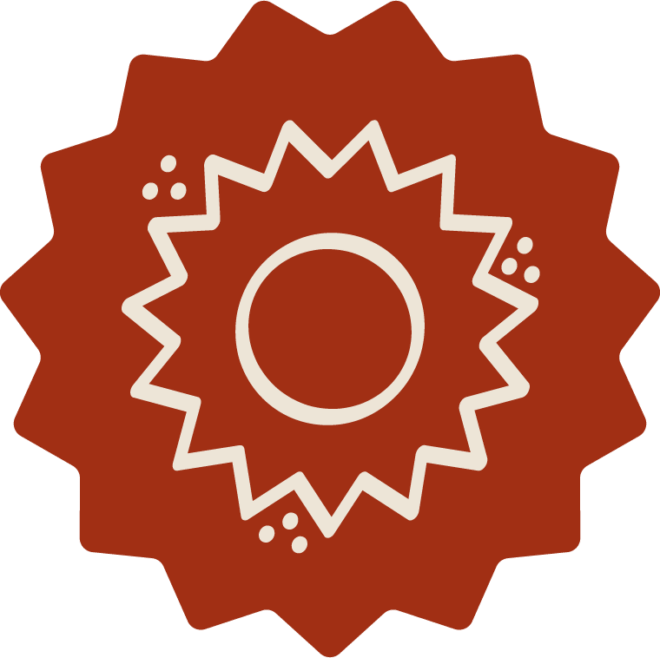 A stylized red starburst shape with a beige circular design and zigzag lines in the center, along with small beige dots on either side of the inner shape.