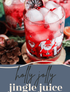 A festive glass with Santa illustrations holds a red christmas vodka cocktail with ice, cranberries, and a dried citrus slice. Pinecones, greenery, and another glass appear in the background. Text reads “holly jolly jingle juice.”.
