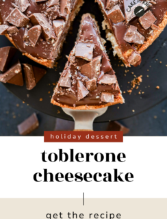 Overhead view of a toblerone cheesecake with chocolate pieces on top. A slice is being served, and text reads: holiday dessert toblerone cheesecake—get the recipe.