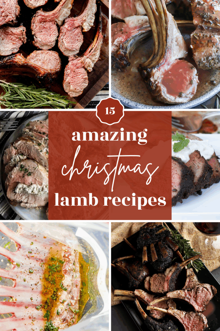 A collage of various christmas lamb recipes, including racks of lamb and sliced lamb, surrounding text that reads “15 amazing Christmas lamb recipes” in white and gold on a red background.
