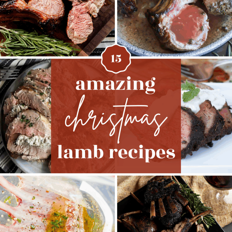 A collage of various christmas lamb recipes, including racks of lamb and sliced lamb, surrounding text that reads “15 amazing Christmas lamb recipes” in white and gold on a red background.