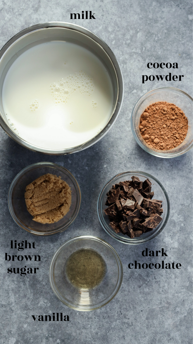 Five labeled bowls on a gray surface containing milk, cocoa powder, light brown sugar, dark chocolate chunks, and vanilla, arranged for making hot chocolate.