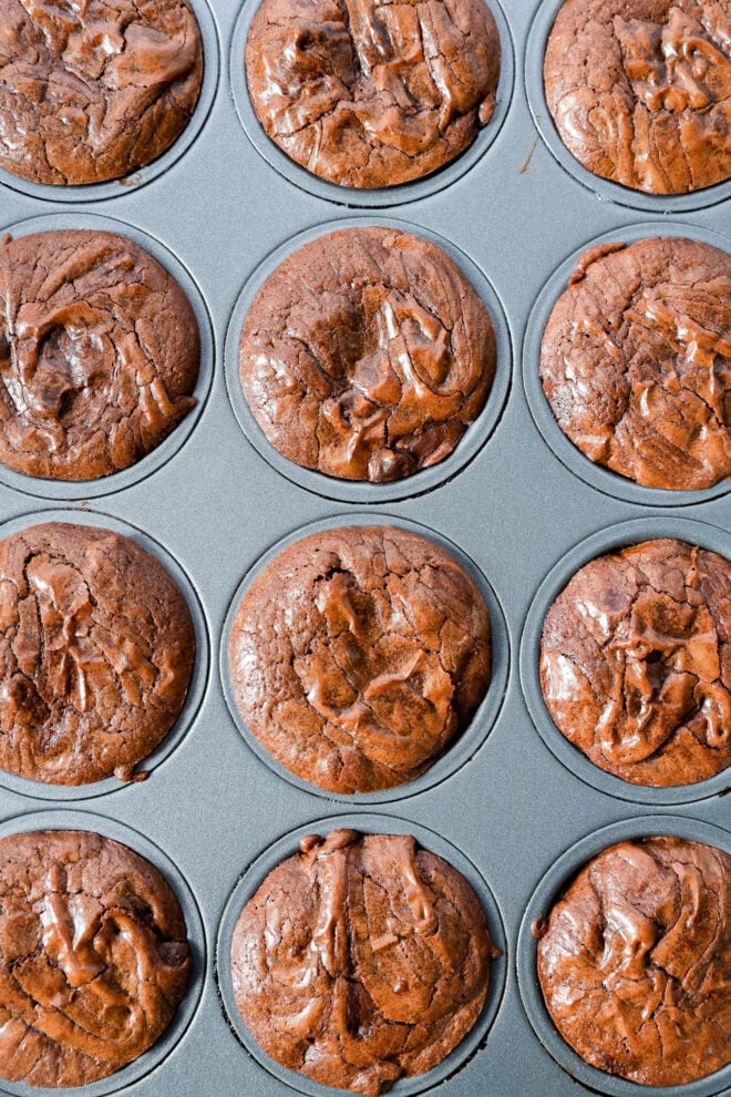 A muffin tin filled with twelve freshly baked Brownie Bites, each with a rich, brown, slightly cracked top. The treats fill the cups evenly and have a soft, moist texture reminiscent of classic chocolate muffins.