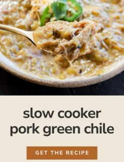 A spoonful of pork green chile stew is held above a bowl filled with the chunky, green dish, topped with sliced jalapeños and cheese. Text below reads: slow cooker pork green chile recipe. Get the recipe. Cake n Knife.