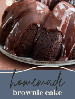 A close-up of a rich, homemade brownie cake Bundt covered in glossy chocolate glaze, displayed on a plate with the text brownie cake and Cake n Knife in the corner.