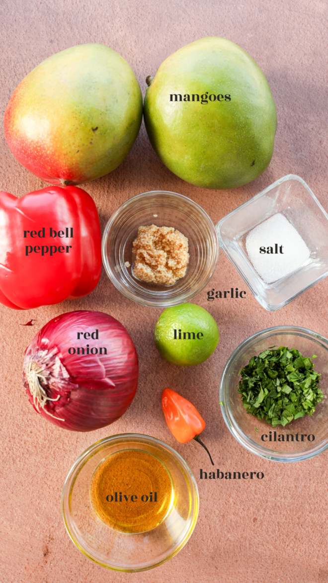 Overhead view of ingredients for mango salsa: two whole mangoes, red bell pepper, red onion, olive oil, chopped cilantro, habanero pepper, garlic, brown sugar, salt, and a lime, all labeled on a brown surface.