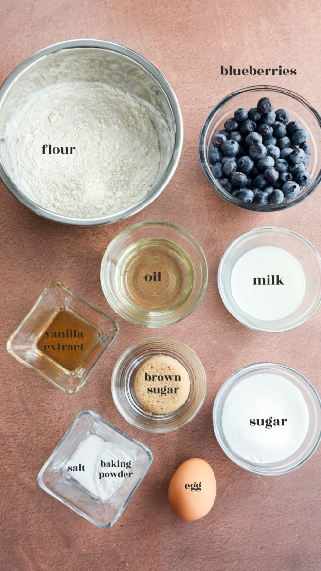 Top-down view of ingredients for baking Mini Blueberry Muffins, including flour, blueberries, oil, milk, vanilla extract, brown sugar, sugar, salt, baking powder, and an egg&mdash;each labeled in or beside clear bowls on a brown surface.