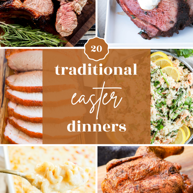 A collage of traditional Easter dinner dishes, including lamb, roast beef, sliced ham, rice with herbs and lemon, macaroni and cheese, and a whole roasted chicken, with a label reading 20 traditional Easter dinners.
