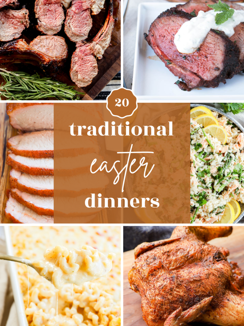 A collage of traditional Easter dinner dishes, including lamb, roast beef, sliced ham, rice with herbs and lemon, macaroni and cheese, and a whole roasted chicken, with a label reading 20 traditional Easter dinners.