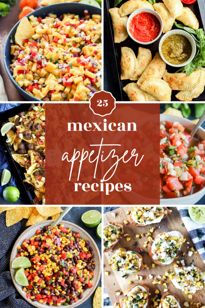 A collage of colorful Mexican appetizers, featuring nachos, empanadas with dips, salsa, bean salad, and tostadas surrounds a central label reading 25 Mexican appetizer recipes in bold white text on a reddish overlay.