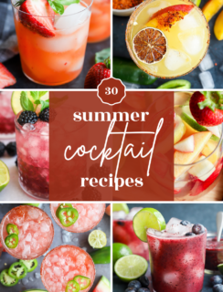 A collage of six colorful summer cocktails with fruit garnishes surrounds the text “30 summer cocktail recipes” in elegant white and red lettering. Each drink features vibrant fresh berries, citrus, or herbs as garnish.