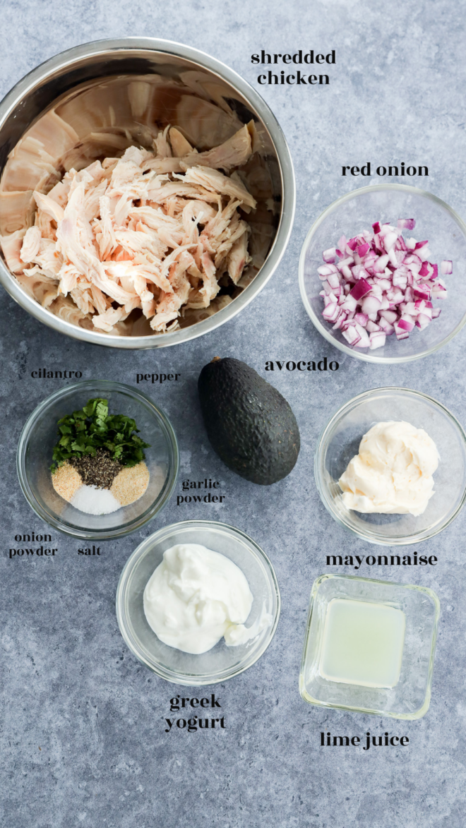 A top-down view of avocado chicken salad ingredients: a bowl of shredded chicken, chopped red onion, an avocado, Greek yogurt, mayonnaise, lime juice, a small dish of spices, and chopped cilantro on a gray background.