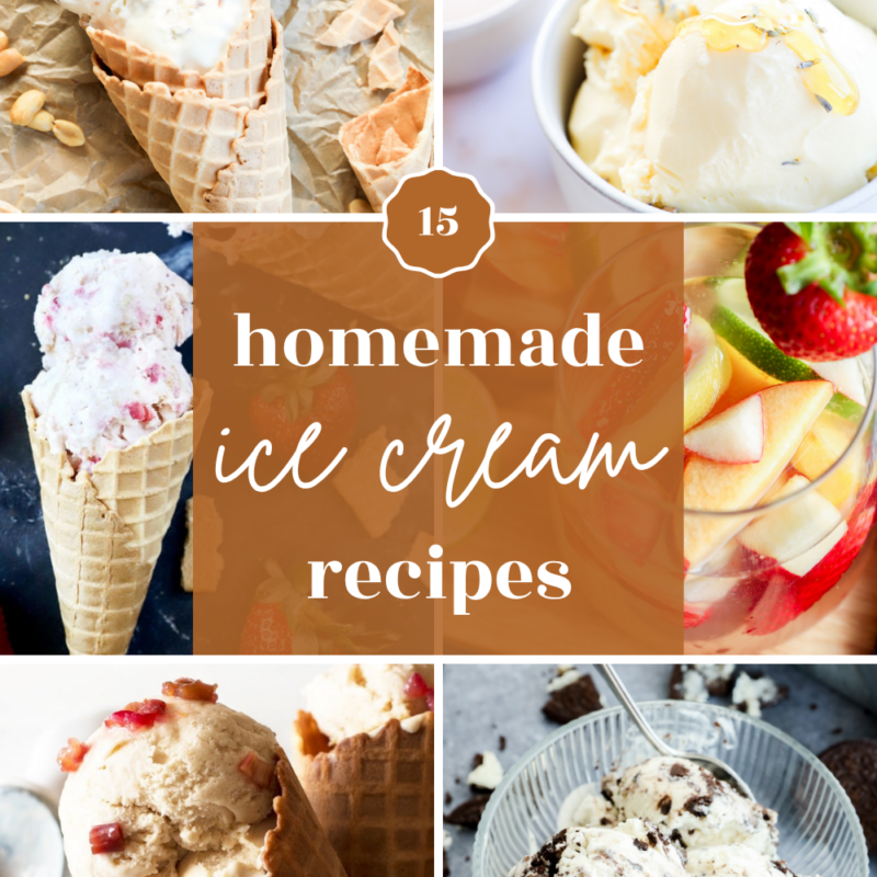 A collage of various homemade ice cream cones and bowls in different flavors, featuring the text “15 homemade ice cream recipes” overlayed in the center to inspire your next sweet treat.