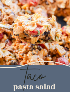 A close-up of a spoonful of Taco Pasta Salad with pasta, ground beef, tomatoes, and greens in a creamy sauce. The text on the image reads Taco Pasta Salad with Cake n Knife in the top left corner.