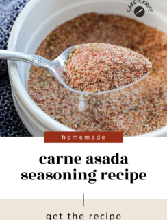 A spoonful of flavorful Carne Asada Seasoning mix held over a white bowl, with text reading homemade Carne Asada Seasoning recipe—get the recipe.